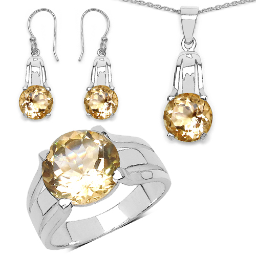 11.36 Carat Genuine Citrine .925 Sterling Silver Ring, Pendant and Earrings Set