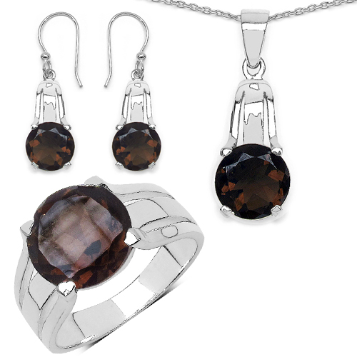 11.02 Carat Genuine Smoky Quartz .925 Sterling Silver Ring, Pendant and Earrings Set