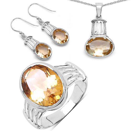 18.40 Carat Genuine Citrine .925 Sterling Silver Ring, Pendant and Earrings Set