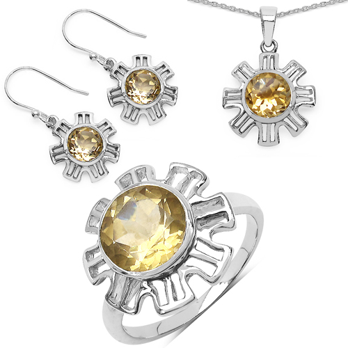 7.35 Carat Genuine Citrine .925 Sterling Silver Ring, Pendant and Earrings Set