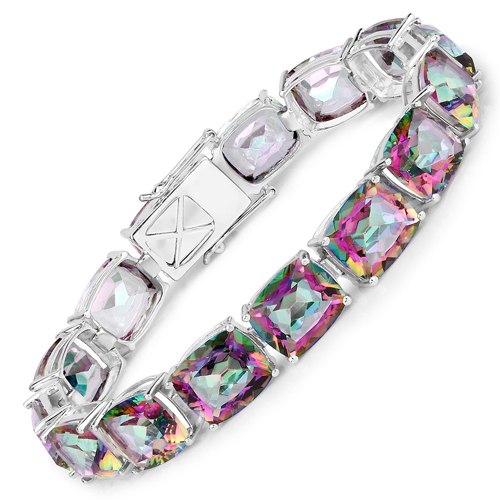 Bracelets-70.50 Carat Genuine Rainbow Quartz .925 Sterling Silver Bracelet