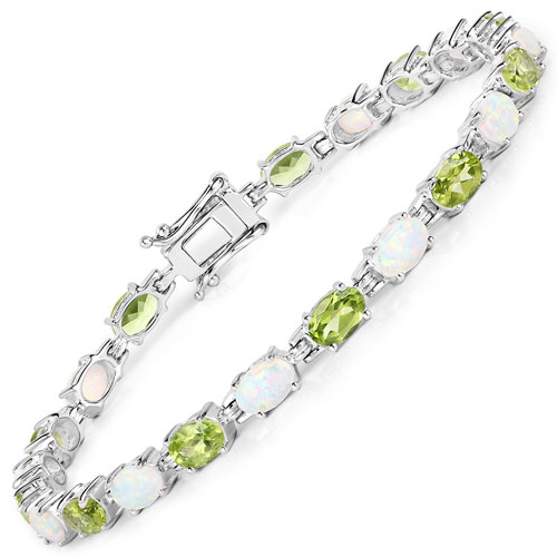 Bracelets-8.14 Carat Genuine Peridot and Opal .925 Sterling Silver Bracelet