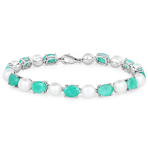 Bracelets-33.00 Carat Genuine Emerald and Pearl .925 Sterling Silver Bracelet