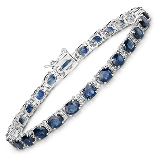 Bracelets-9.08 Carat Genuine Blue Sapphire and White Diamond 14K White Gold Bracelet