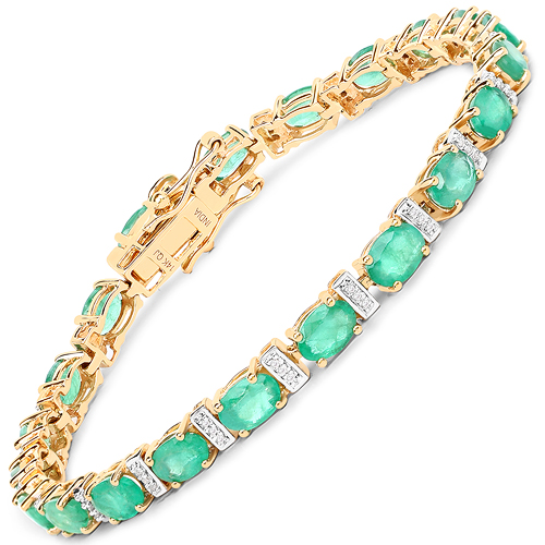 Bracelets-9.43 Carat Genuine Zambian Emerald and White Diamond 14K Yellow Gold Bracelet