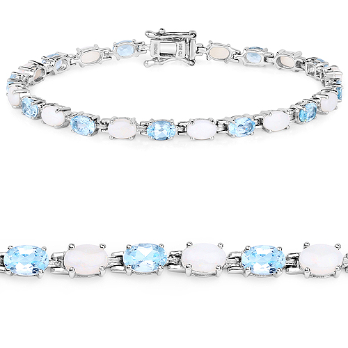 Bracelets-9.02 Carat Genuine Blue Topaz and Opal .925 Sterling Silver Bracelet