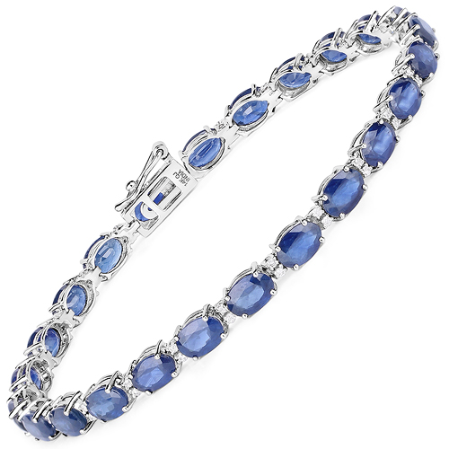 Bracelets-13.50 Carat Genuine Blue Sapphire and White Diamond 14K White Gold Bracelet