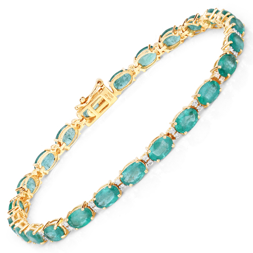 Bracelets-9.90 Carat Genuine Zambian Emerald and White Diamond 14K Yellow Gold Bracelet