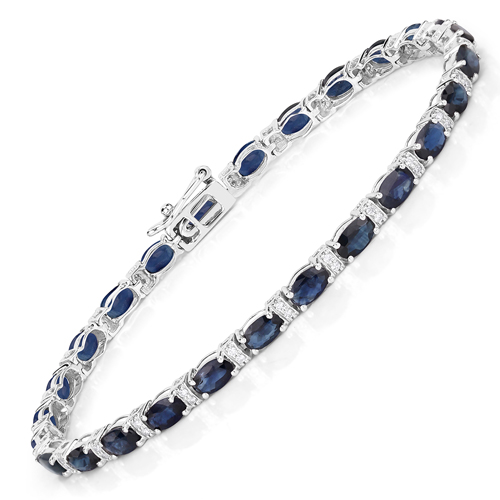 Bracelets-8.07 Carat Genuine Blue Sapphire and White Diamond 14K White Gold Bracelet