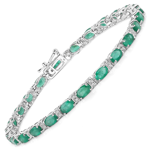 Bracelets-5.17 Carat Genuine Zambian Emerald and White Diamond 14K White Gold Bracelet