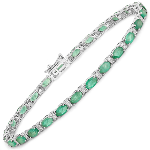 Bracelets-5.21 Carat Genuine Zambian Emerald and White Diamond 14K White Gold Bracelet