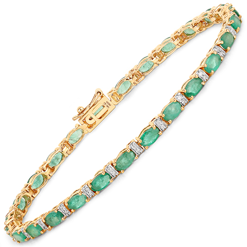 5.21 Carat Genuine Zambian Emerald and White Diamond 14K Yellow Gold Bracelet