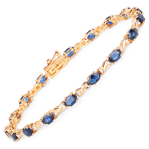 Bracelets-5.31 Carat Genuine Blue Sapphire and White Diamond 14K Yellow Gold Bracelet