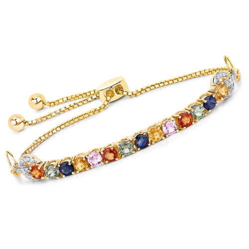 Bracelets-3.88 Carat Genuine Multi Sapphire and White Diamond 14K Yellow Gold Bracelet