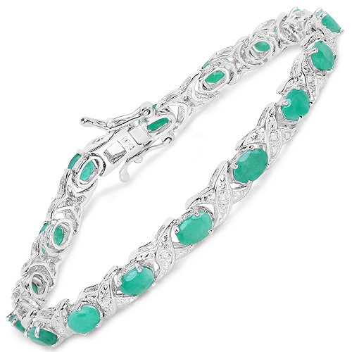 Bracelets-7.17 Carat Genuine Emerald and White Diamond .925 Sterling Silver Bracelet