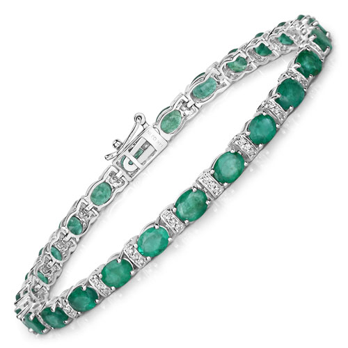 Bracelets-7.76 Carat Genuine Zambian Emerald and White Diamond 14K White Gold Bracelet