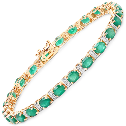 Bracelets-8.55 Carat Genuine Zambian Emerald and White Diamond 14K Yellow Gold Bracelet