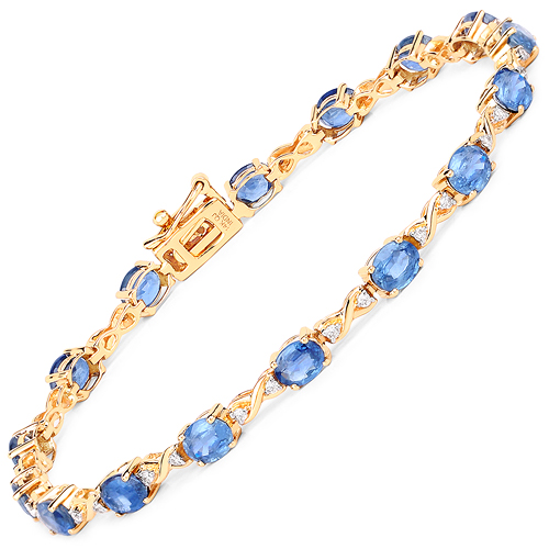 Bracelets-7.81 Carat Genuine Blue Sapphire and White Diamond 14K Yellow Gold Bracelet