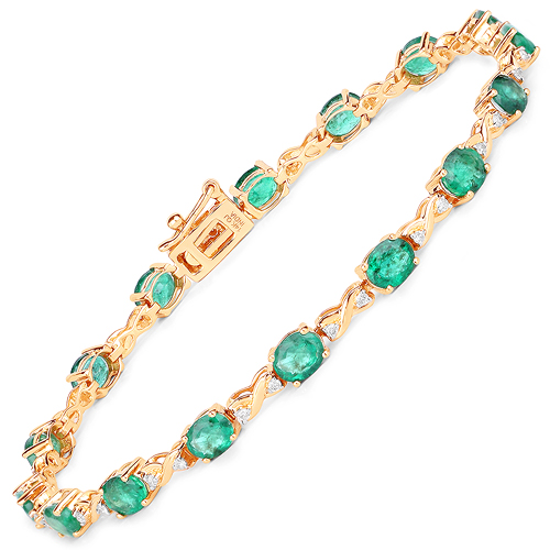 Bracelets-5.57 Carat Genuine Zambian Emerald and White Diamond 14K Yellow Gold Bracelet