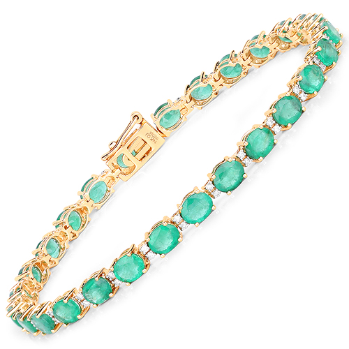 Bracelets-9.19 Carat Genuine Zambian Emerald and White Diamond 14K Yellow Gold Bracelet