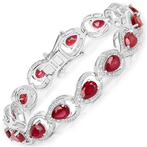 Bracelets-12.95 Carat Glass Filled Ruby and White Diamond .925 Sterling Silver Bracelet