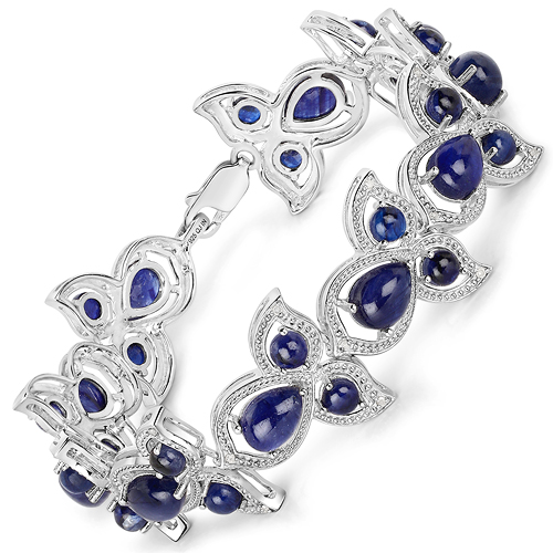Bracelets-24.16 Carat Glass Filled Sapphire and White Diamond .925 Sterling Silver Bracelet