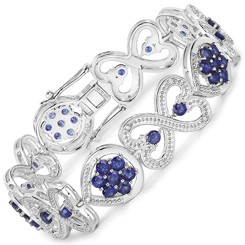 Bracelets-5.98 Carat Glass Filled Sapphire and White Diamond .925 Sterling Silver Bracelet