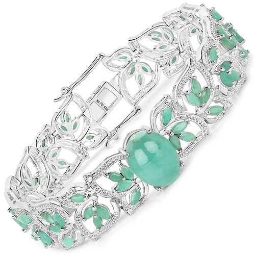 Bracelets-11.78 Carat Genuine Emerald and White Diamond .925 Sterling Silver Bracelet