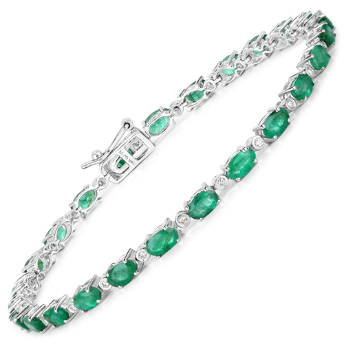 Bracelets-4.95 Carat Genuine Zambian Emerald and White Diamond 14K White Gold Bracelet