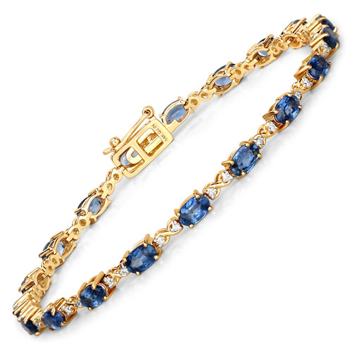 4.43 Carat Genuine Blue Sapphire and White Diamond 14K Yellow Gold Bracelet