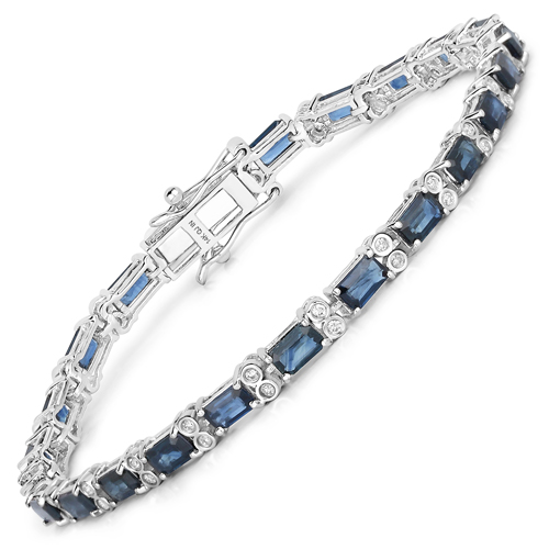 Bracelets-9.57 Carat Genuine Blue Sapphire and White Diamond 14K White Gold Bracelet