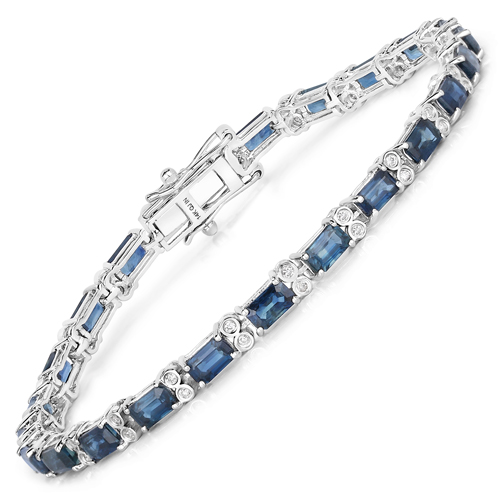 Bracelets-9.57 Carat Genuine Blue Sapphire and White Diamond 14K White Gold Bracelet