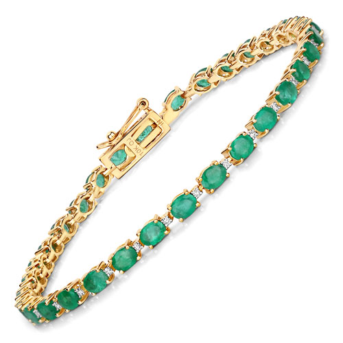 Bracelets-4.97 Carat Genuine Zambian Emerald and White Diamond 10K Yellow Gold Bracelet