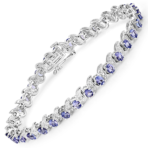 Bracelets-5.47 Carat Genuine Tanzanite & White Diamond .925 Sterling Silver Bracelet