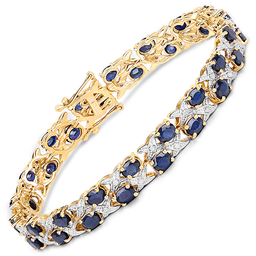 Bracelets-14K Yellow Gold Plated 12.53 Carat Genuine Blue Sapphire and White Diamond .925 Sterling Silver Bracelet