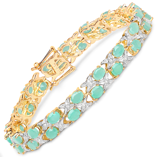14K Yellow Gold Plated 10.37 Carat Genuine Emerald and White Diamond .925 Sterling Silver Bracelet