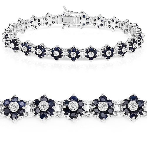 Bracelets-6.31 Carat Genuine Blue Sapphire and White Diamond .925 Sterling Silver Bracelet