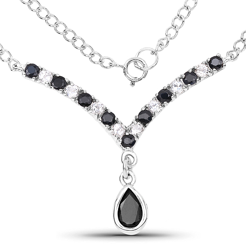 Sapphire-3.60 Carat Genuine Black Sapphire and White Topaz .925 Sterling Silver Necklace