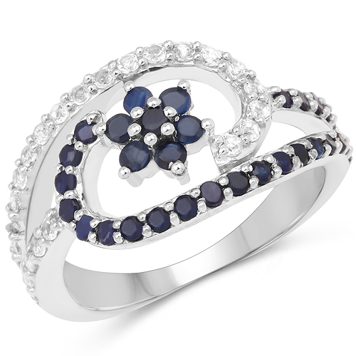 Sapphire-0.92 Carat Genuine Blue Sapphire and White Topaz .925 Sterling Silver Ring