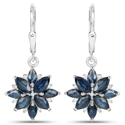 Earrings-3.32 Carat Genuine Blue Sapphire and White Diamond .925 Sterling Silver Earrings