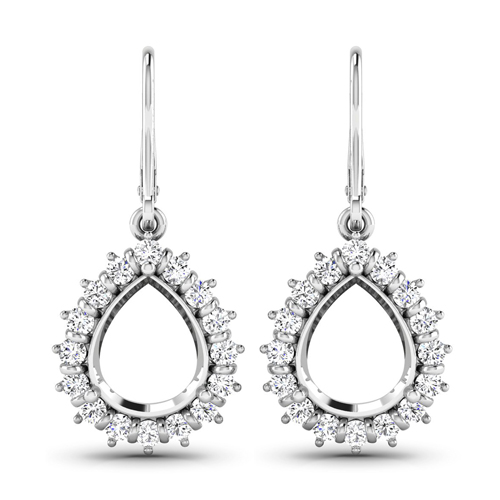 Earrings-0.45 Carat Genuine White Diamond 14K White Gold Semi Mount Earrings - holds 9x7mm Pear Gemstones