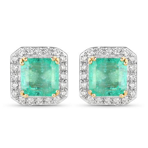 Emerald-2.24 Carat Genuine Colombian Emerald and White Diamond 14K Yellow Gold Earrings