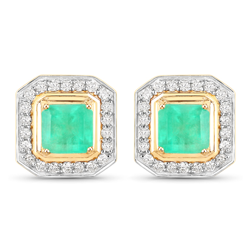 Emerald-2.38 Carat Genuine Colombian Emerald and White Diamond 14K Yellow Gold Earrings