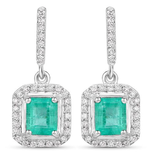 Emerald-1.80 Carat Genuine Colombian Emerald and White Diamond 14K White Gold Earrings
