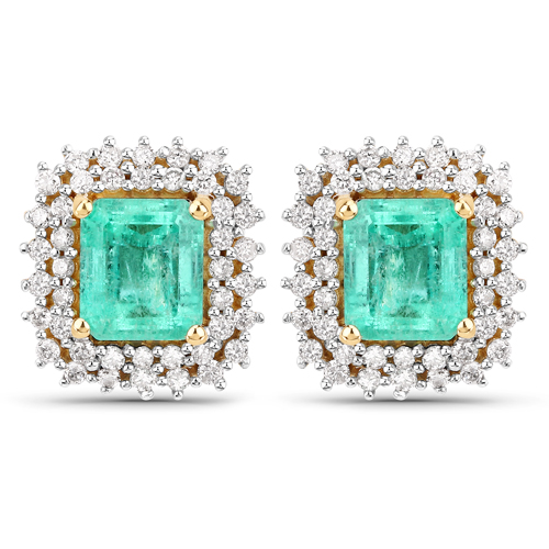Emerald-2.14 Carat Genuine Colombian Emerald and White Diamond 14K Yellow Gold Earrings