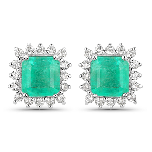 Emerald-2.01 Carat Genuine Colombian Emerald and White Diamond 14K White Gold Earrings