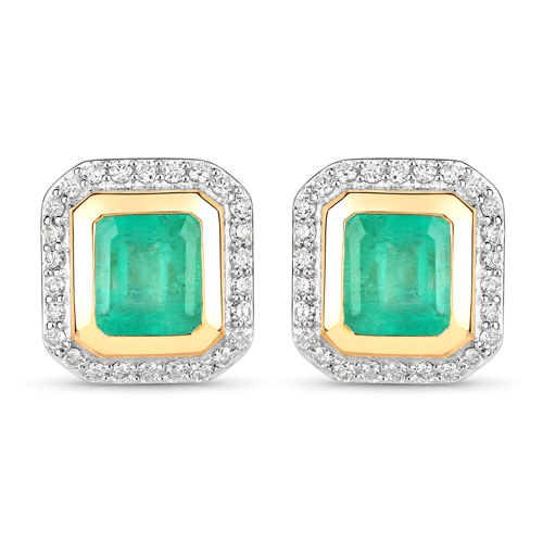 Emerald-1.98 Carat Genuine Colombian Emerald and White Diamond 14K Yellow Gold Earrings