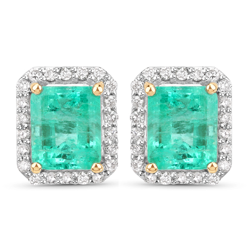 Emerald-1.65 Carat Genuine Colombian Emerald and White Diamond 14K Yellow Gold Earrings
