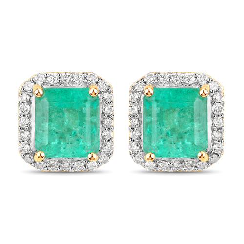 Emerald-2.11 Carat Genuine Colombian Emerald and White Diamond 14K Yellow Gold Earrings