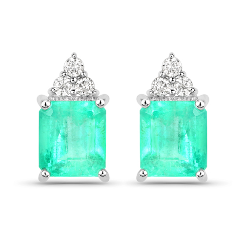 Emerald-2.02 Carat Genuine Colombian Emerald and White Diamond 14K White Gold Earrings
